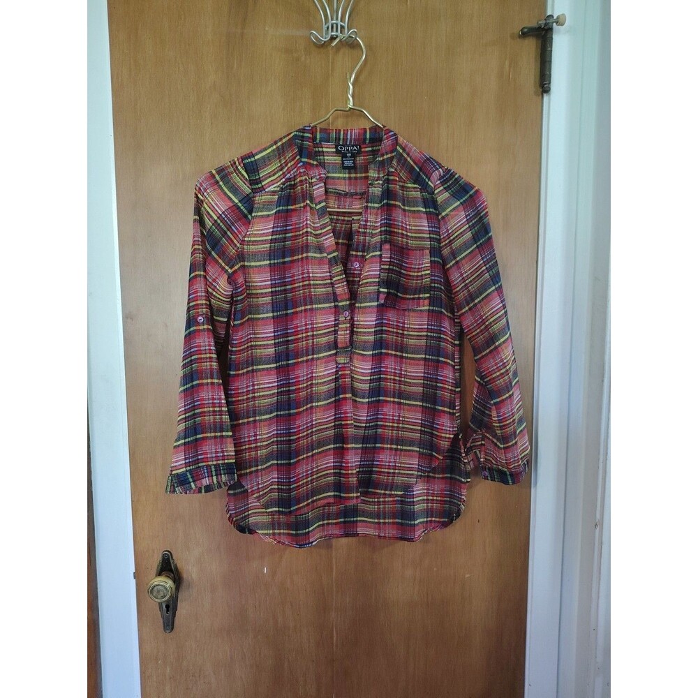 Oppa!Top Sheer Long Sleeve Plaid Multicolor Button Front Collared Neck Sz M EUC